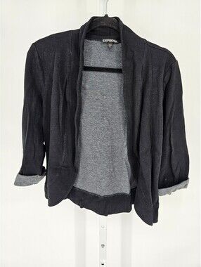 Express Womens Sz L 3/4 Sleeve Open Front Suit Jacket Blazer Black